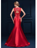 Beaded Red Lace Satin Keyhole Back Fantastic Evening Dress 